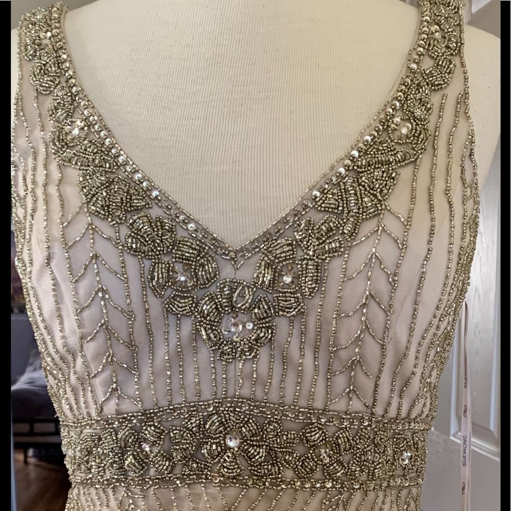 SUE WONG 14 Champagne Beaded Formal Bridal cocktail Evening dress - Picture 12 of 17